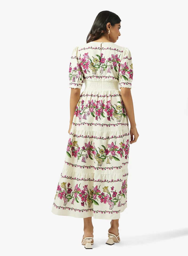 Hope & Ivy V-Neck Full-Skirt Tea Dress With Puff Sleeves